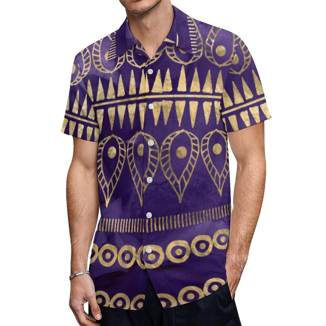 Short Sleeve Deep Purple Gold Tribal Boho Hawaiian Shirt Mens Button Down Plus Size Tropical Hawaii Beach Shirts