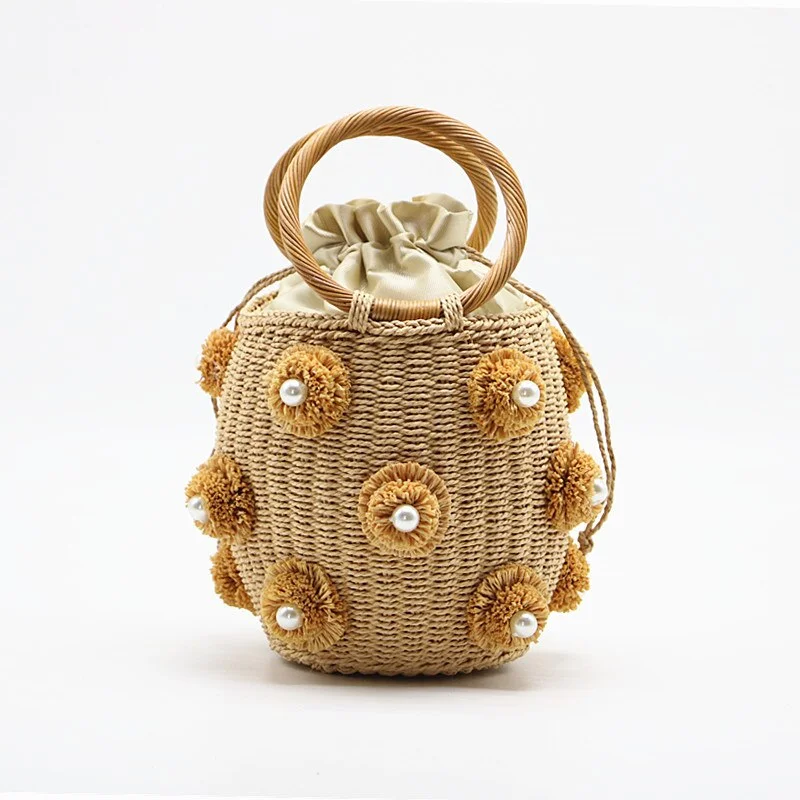 fashion flower pearls rattan buckets bag for women luxury design diamonds wicker woven handbags summer beach straw large tote