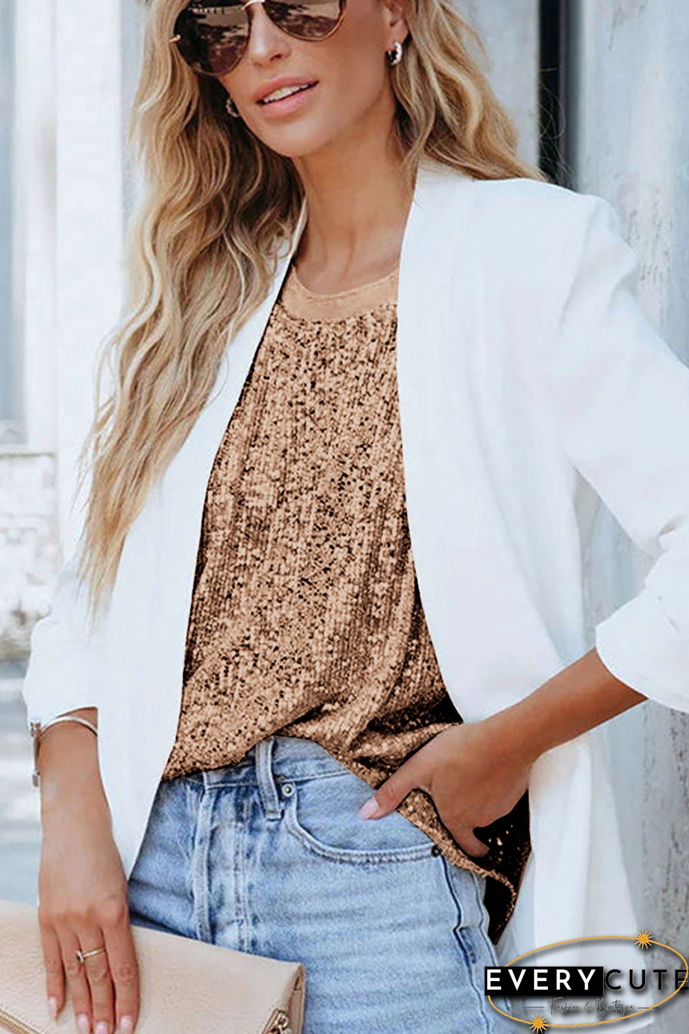 Apricot-2 Sequin Round Neck Tank Top