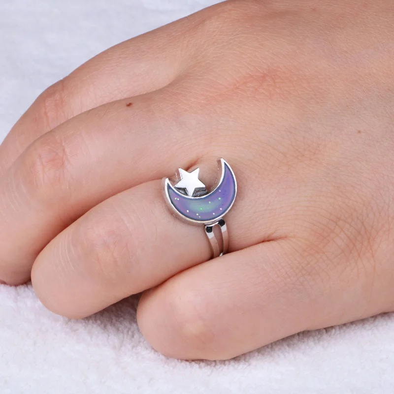 Crescent Moon and Star Changing Color Adjustable Mood Rings