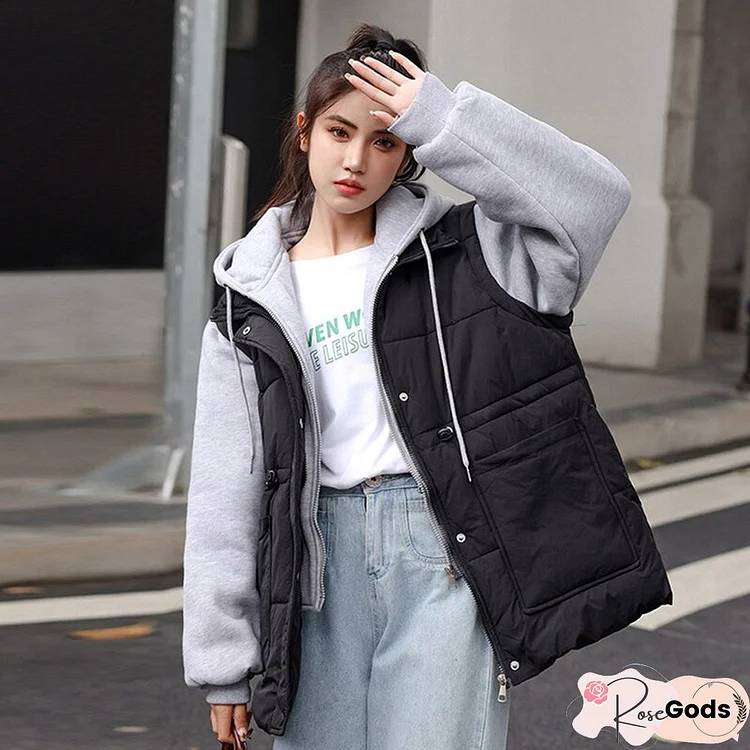 Winter Fashion Warm Thicken Coats Women Splicing Lady Hoodies Long Sleeves Jacket Korean Casual Student Outwear New
