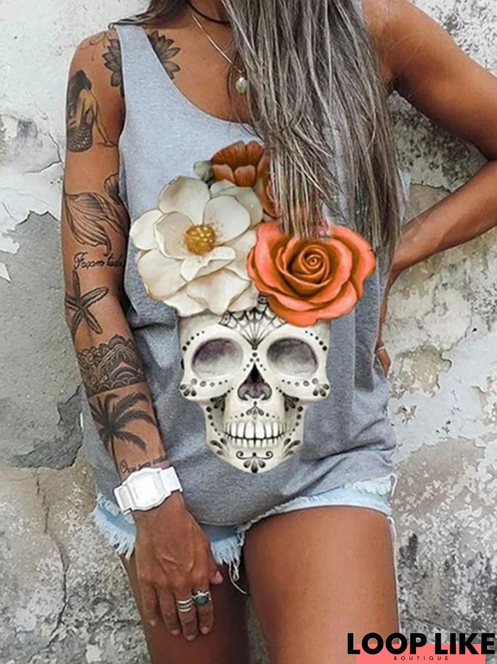 Gray Club Party Daily Casual Floral Skull Printed/dyed Shift Cotton Shirts & Tops