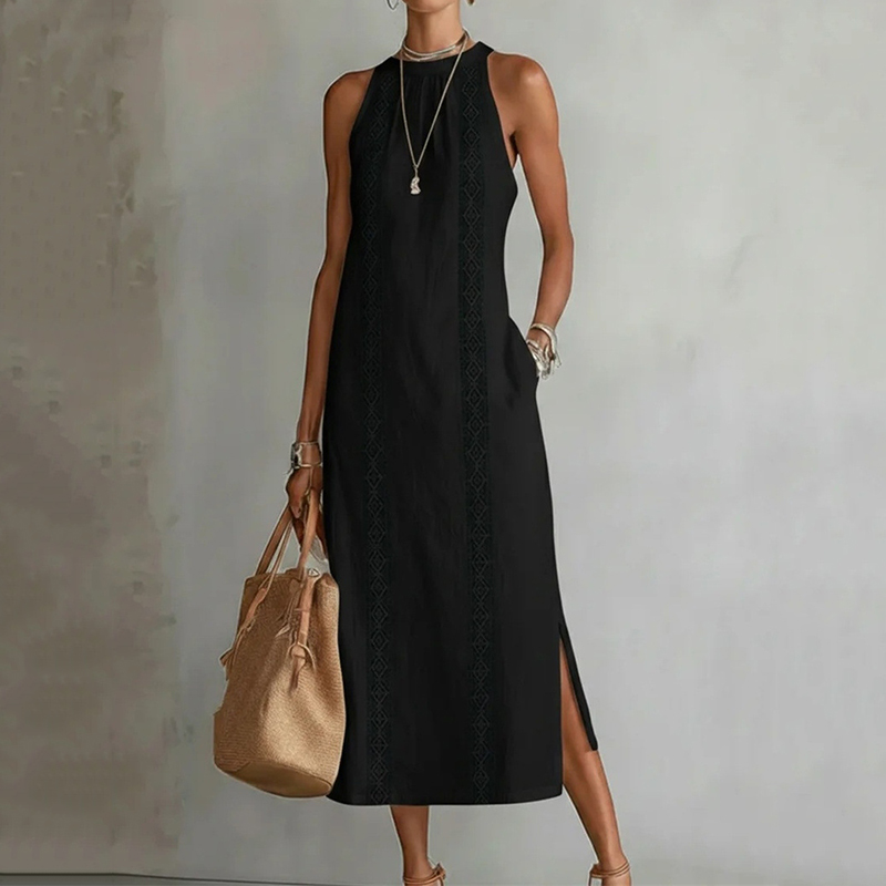 Comstylish Women's Solid Color Lace Patchwork Sleeveless Midi Dress