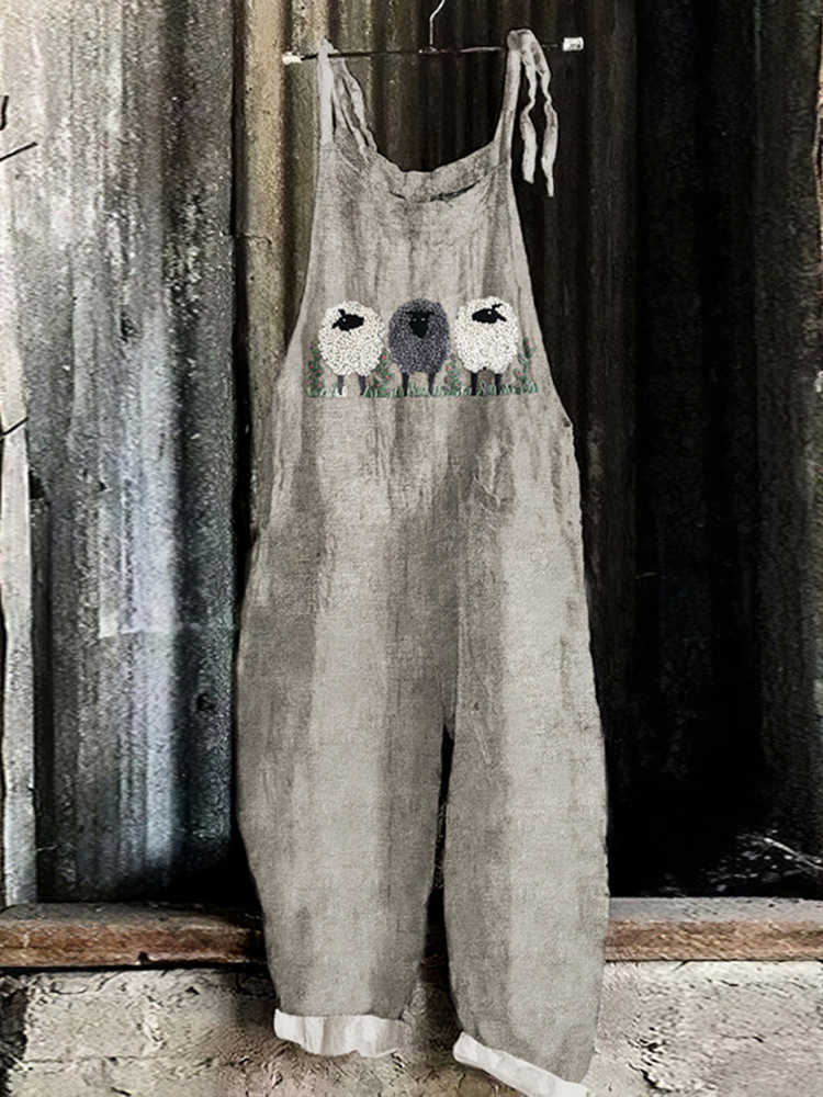 Comstylish Vintage Sheep Linen Blend Loose Casual Jumpsuit