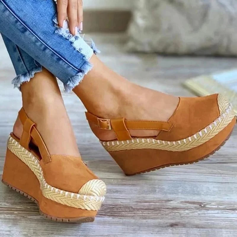 Women's Solid Color Suede Stitching Woven Slope heel Buckle Round Toe High-heeled Fashion Trend Sexy Elegant All-match Sandals