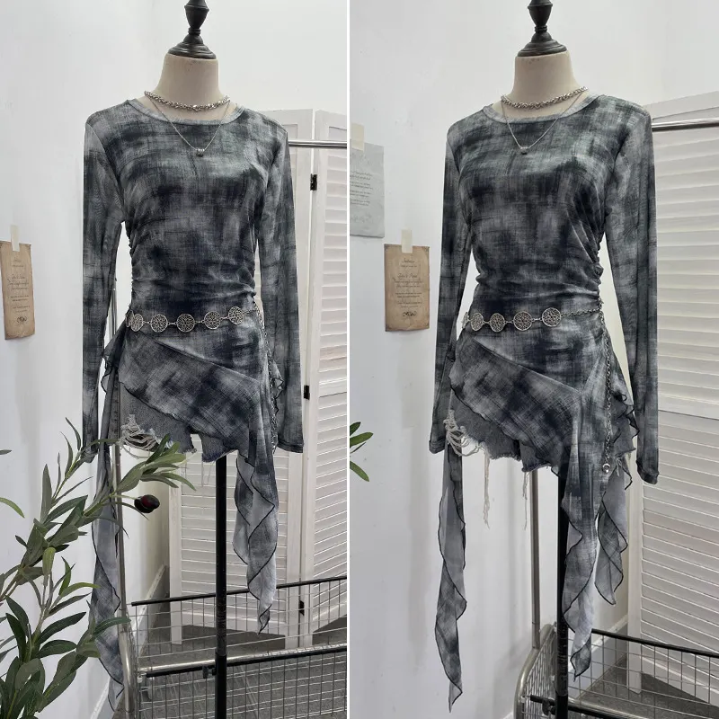 Nigikala Nigikala Print Double-Layer Mesh Long-Sleeved Top Design Feel Irregular Ribbon-Up T-Shirt 99981