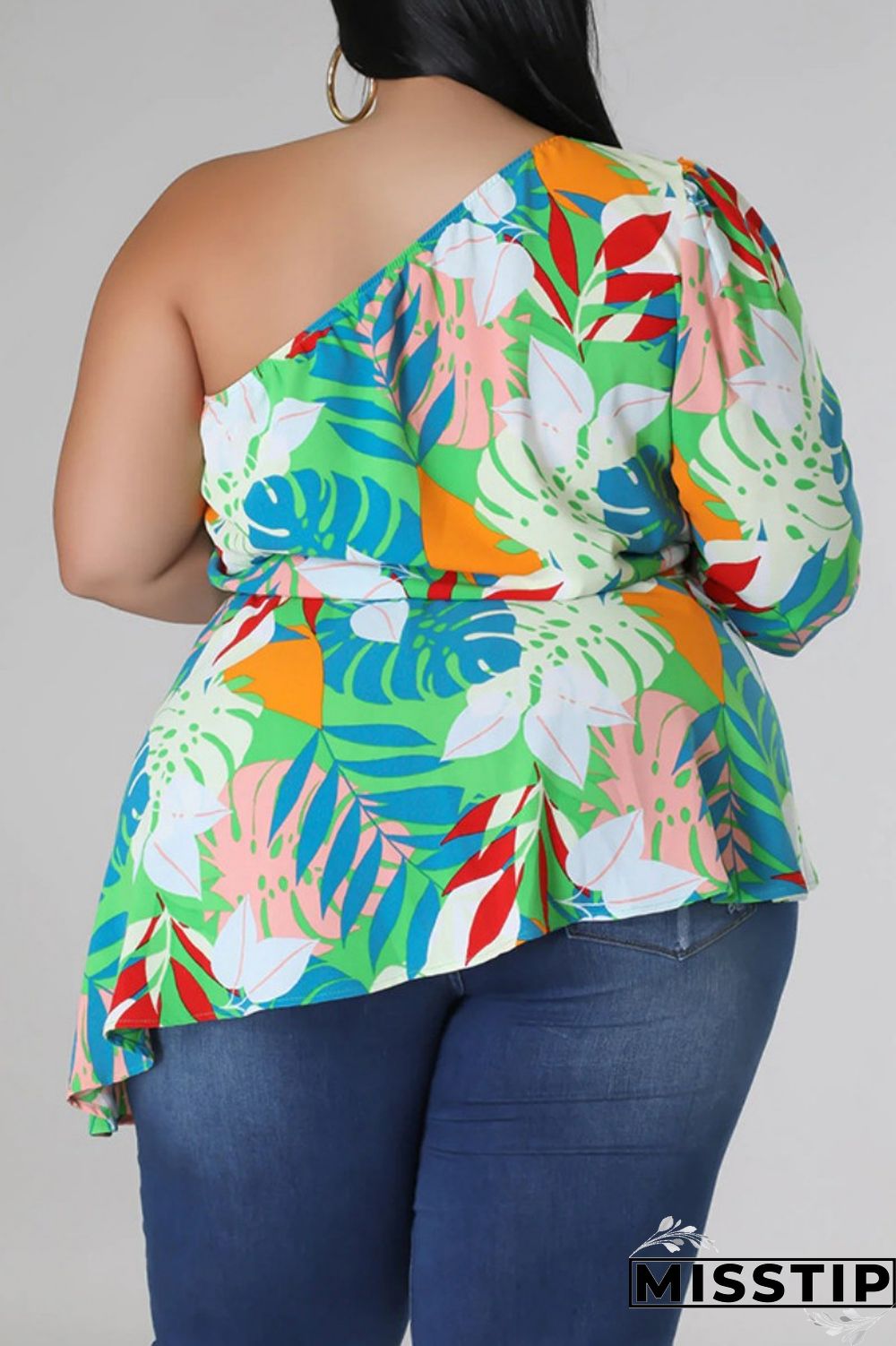 Black Yellow Casual Print Backless Oblique Collar Plus Size Tops