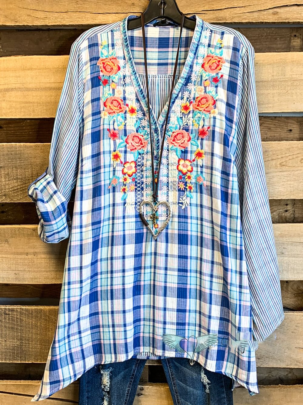 Women Floral Neck Long Sleeve Plaid Blouse