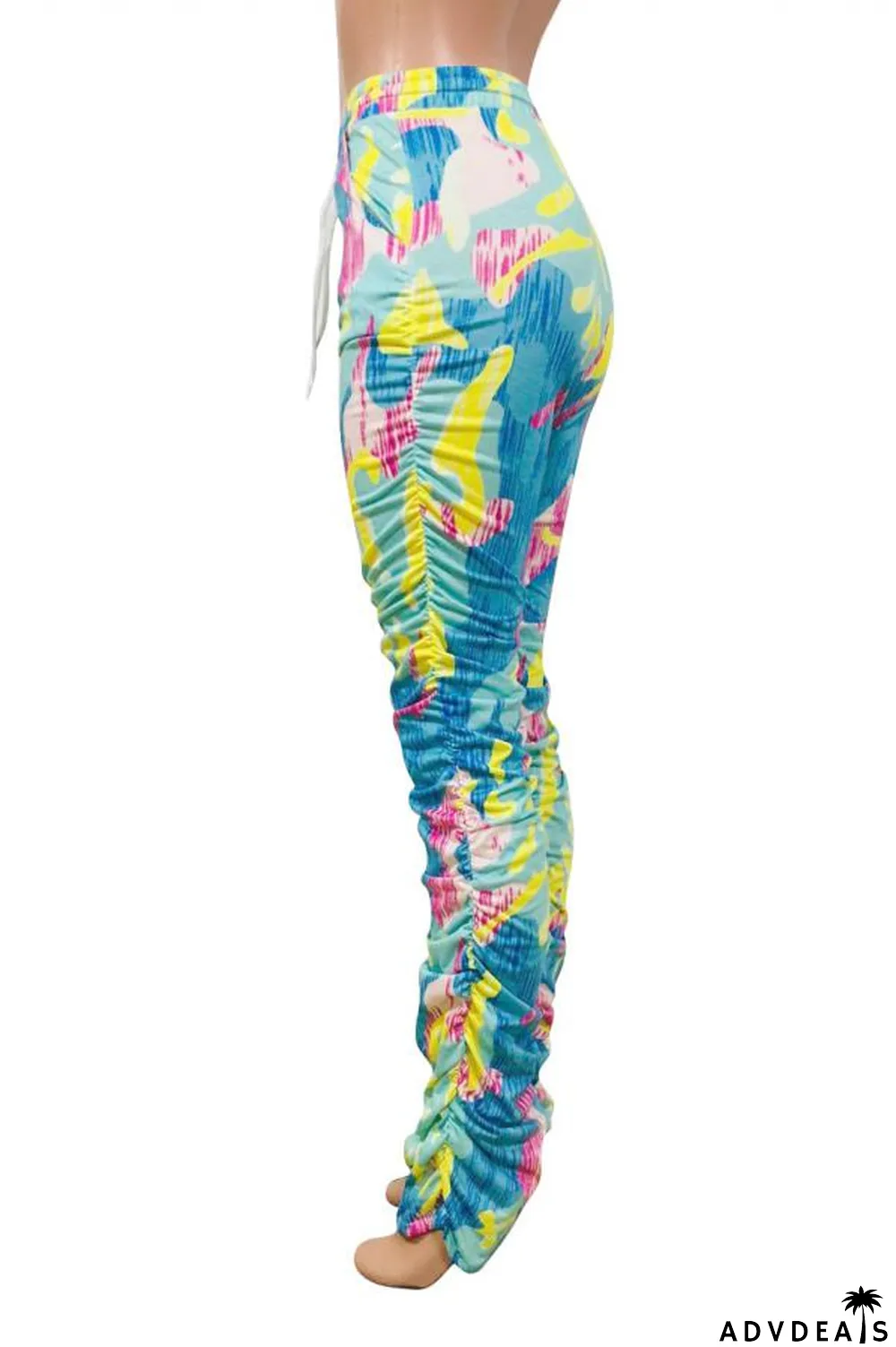 Green colour Polyester Drawstring Sleeveless High Patchwork Print bandage Draped pencil Pants Bottoms