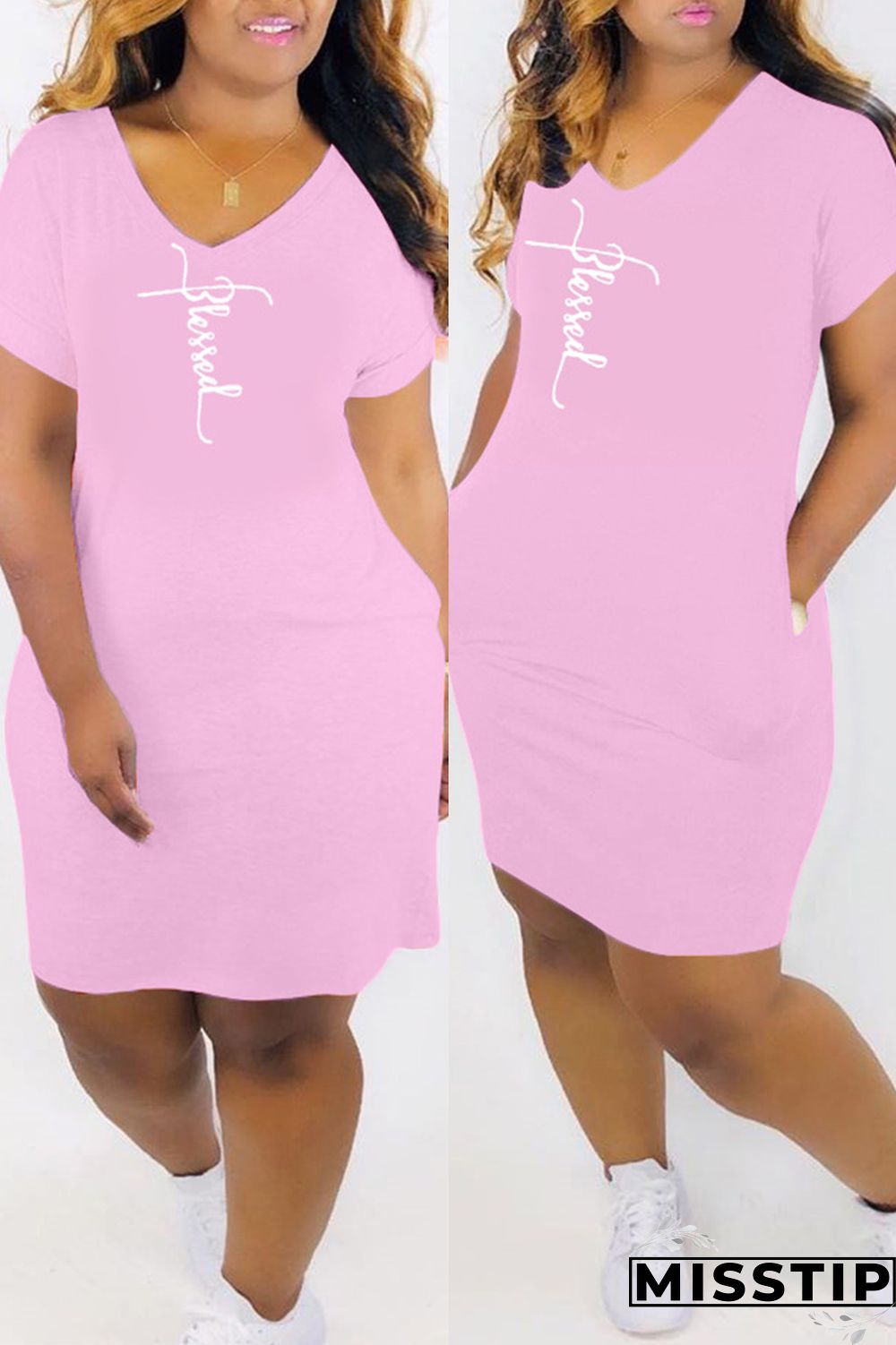 White Fashion Casual Print Basic V Neck Short Sleeve Dress