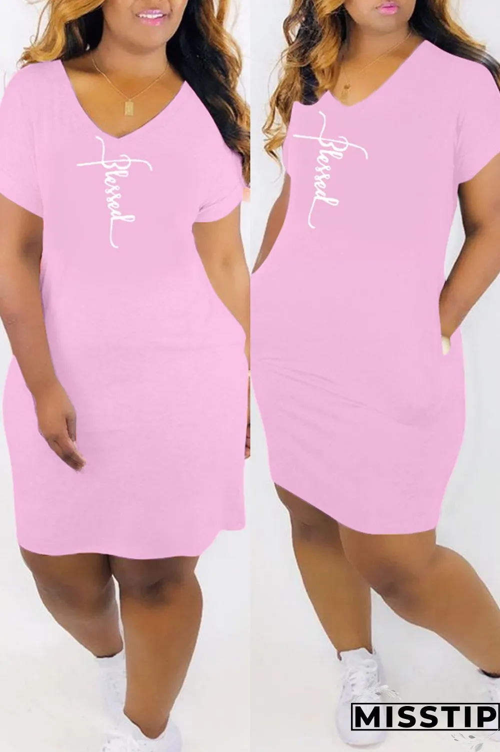 White Fashion Casual Print Basic V Neck Short Sleeve Dress