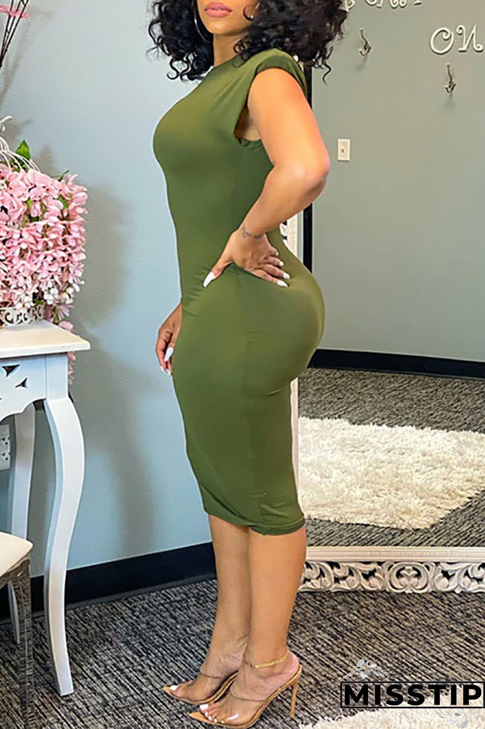 Green Fashion Casual Solid Basic O Neck Sleeveless Dress