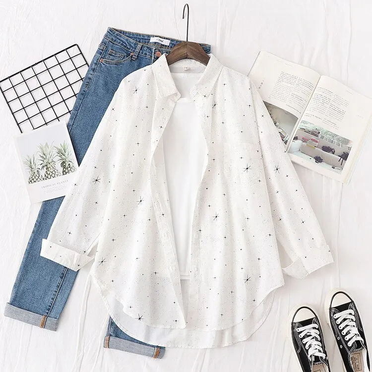 Fine Women's Star Printed Long Sleeve Shirts and Tops 2021 Autumn New Lady Casual Loose Shirts Black White Blouse Ladies Clothes