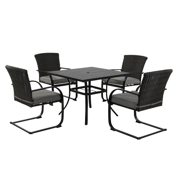  5 Piece Outdoor Dining Table Set, Woodgrain-Look Metal Table and Wicker Chairs for 4 