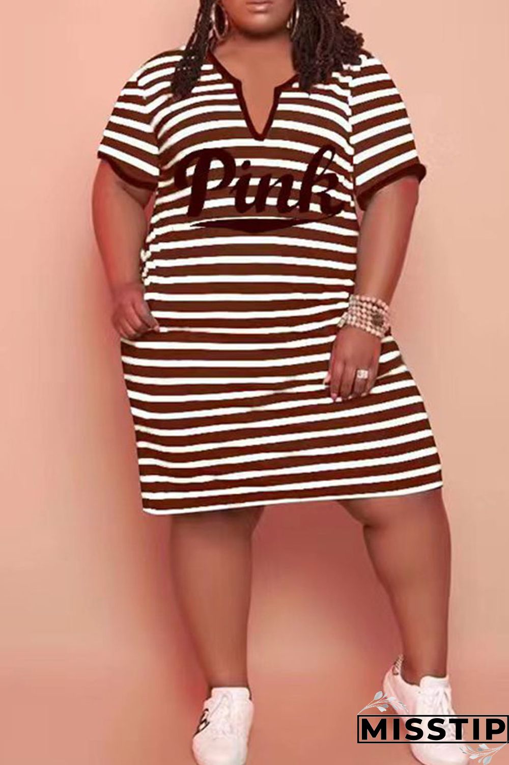 Cyanine Casual Striped Print Patchwork V Neck Straight Plus Size Dresses