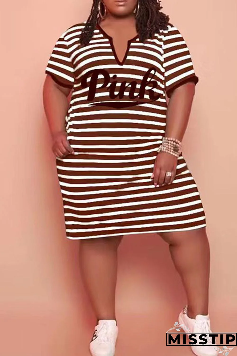 Cyanine Casual Striped Print Patchwork V Neck Straight Plus Size Dresses
