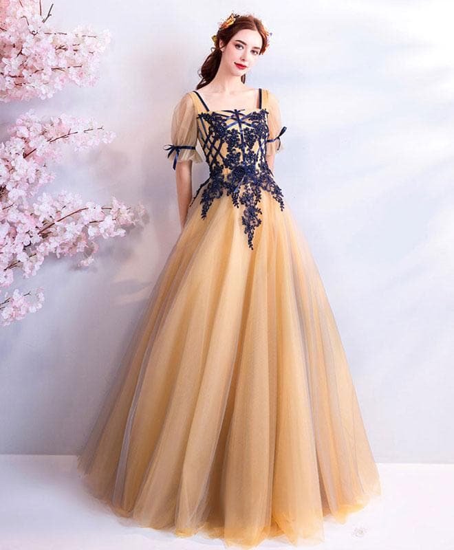 Unique Champagne Lace Tulle Long Prom Dress, Champagne Tulle Evening Dress