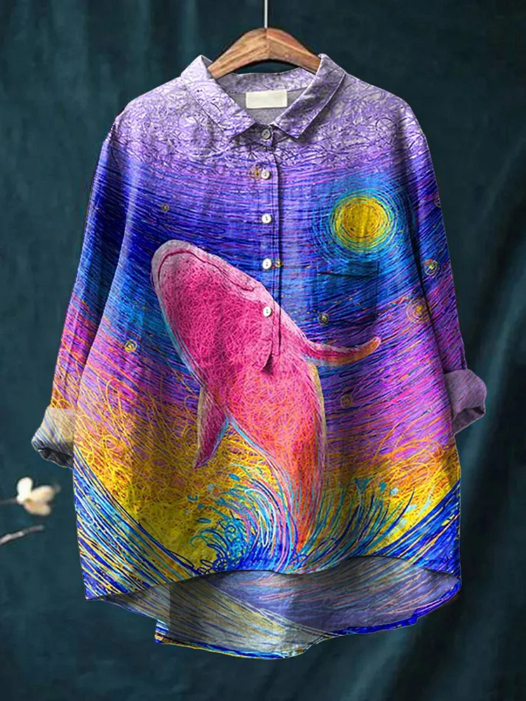 Dreamy Whale Art Printed Women's Casual Cotton And Linen Shirt