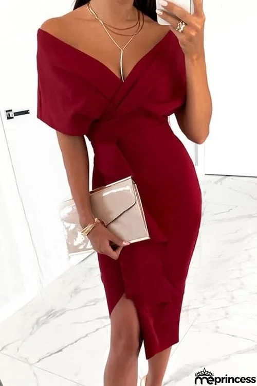 Ruffles Slit V Neck Bodycon Dress