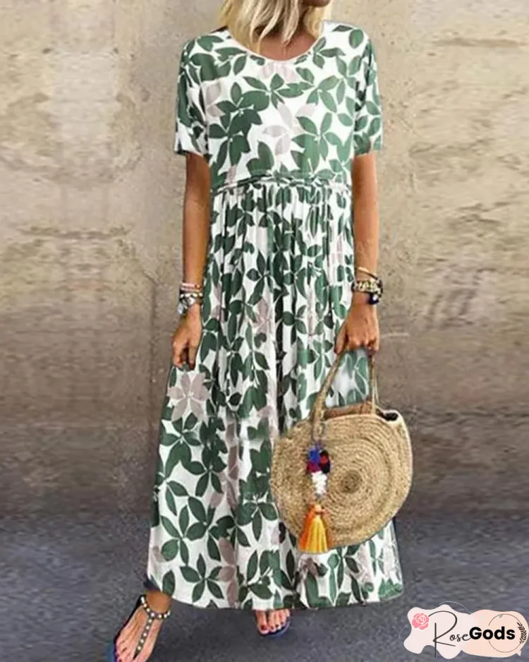 Women's Swing Dress Maxi Long Dress Short Sleeve Floral Leaf Print Summer Hot Casual Mumu Green