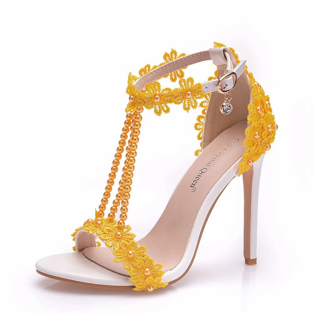 Breakj Breakj White Buckle Shoes Fine Heel Fish Mouth Roman Exposed Toe Sandals 11 Cm Beaded High-Heeled Sandals