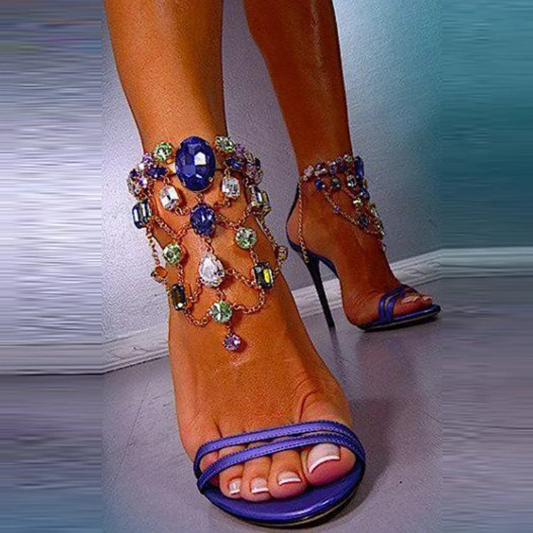 Purple Prom Heels Open Toe Jeweled Chain Ankle Strap Sandals |FSJ Shoes
