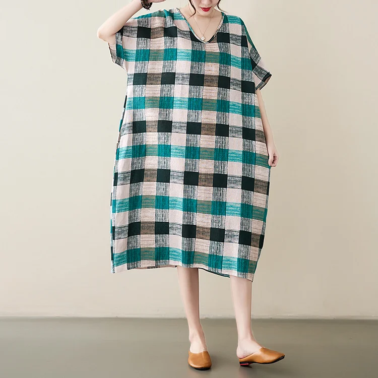 Literary Cotton Linen Plaid V-neck Midi dress