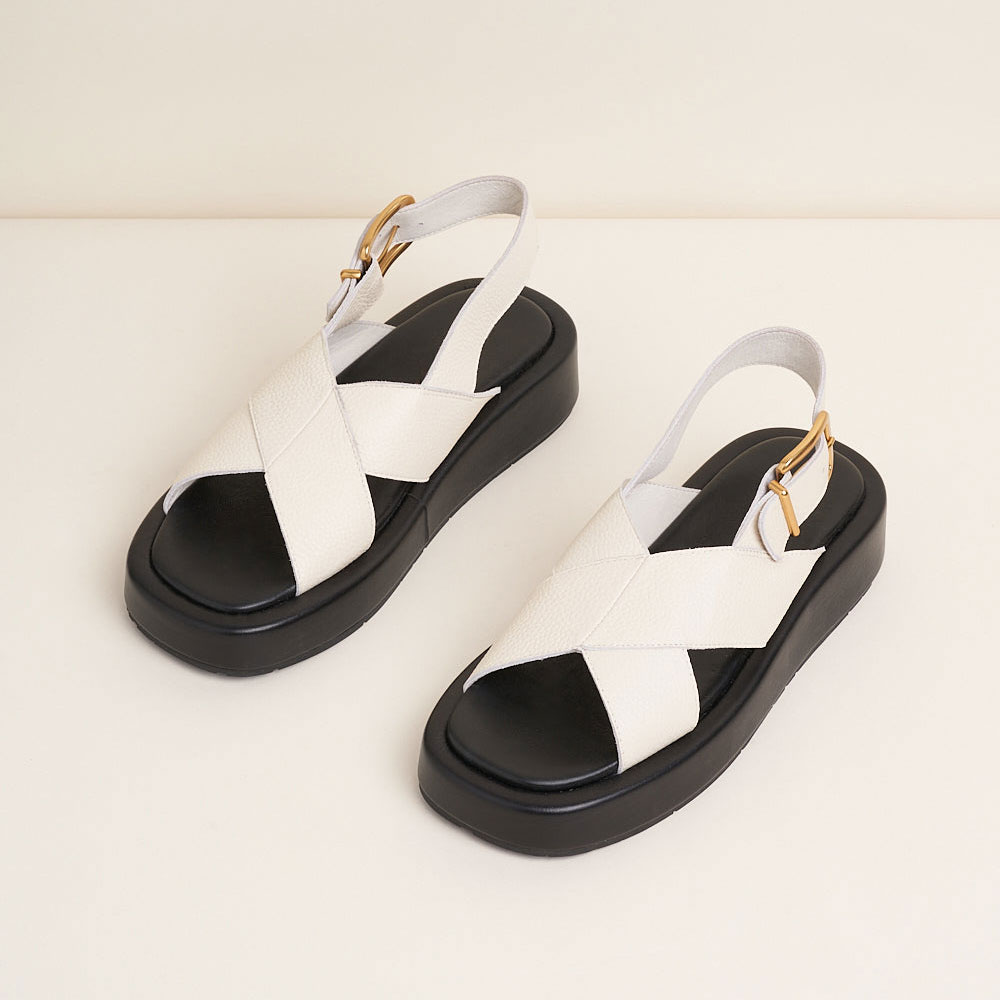 White & Black Square Toe Platform Heel Sandals with Buckle Nicepairs