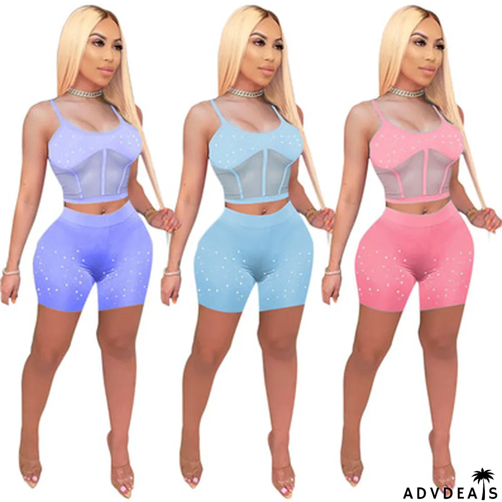 Solid Color Stitching Mesh Top Camisole Suit