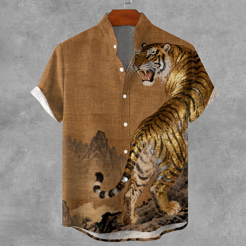 Men's Vintage Tiger Japanese Art Print Button Shirt  artssus