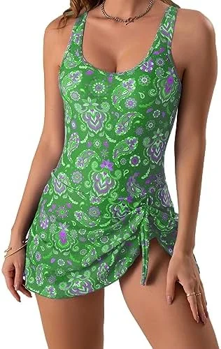 Women's Floral One Piece Swimdress Tummy Control Swimsuit 