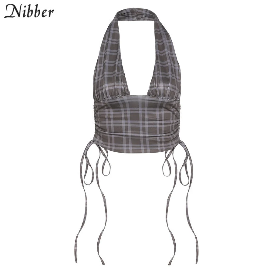 Nibber 2021 Solid Color Hanging Neck Bandage V-neck Off Shoulder Summer Women Fashion Streetwear Backless Sleeveless Camisole