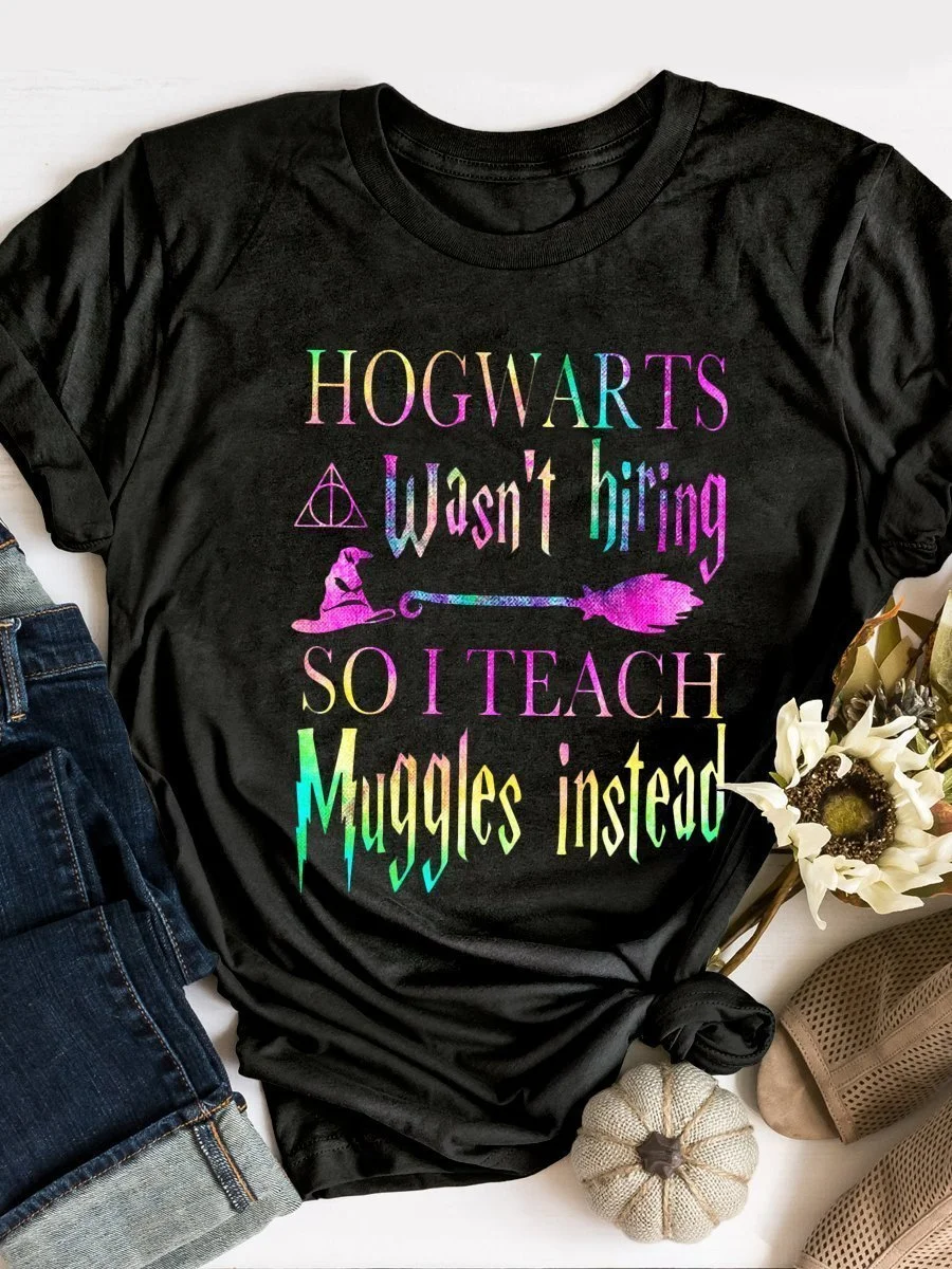 Funny Teach Muggles Teacher Back To School Print Short Sleeve T-shirt