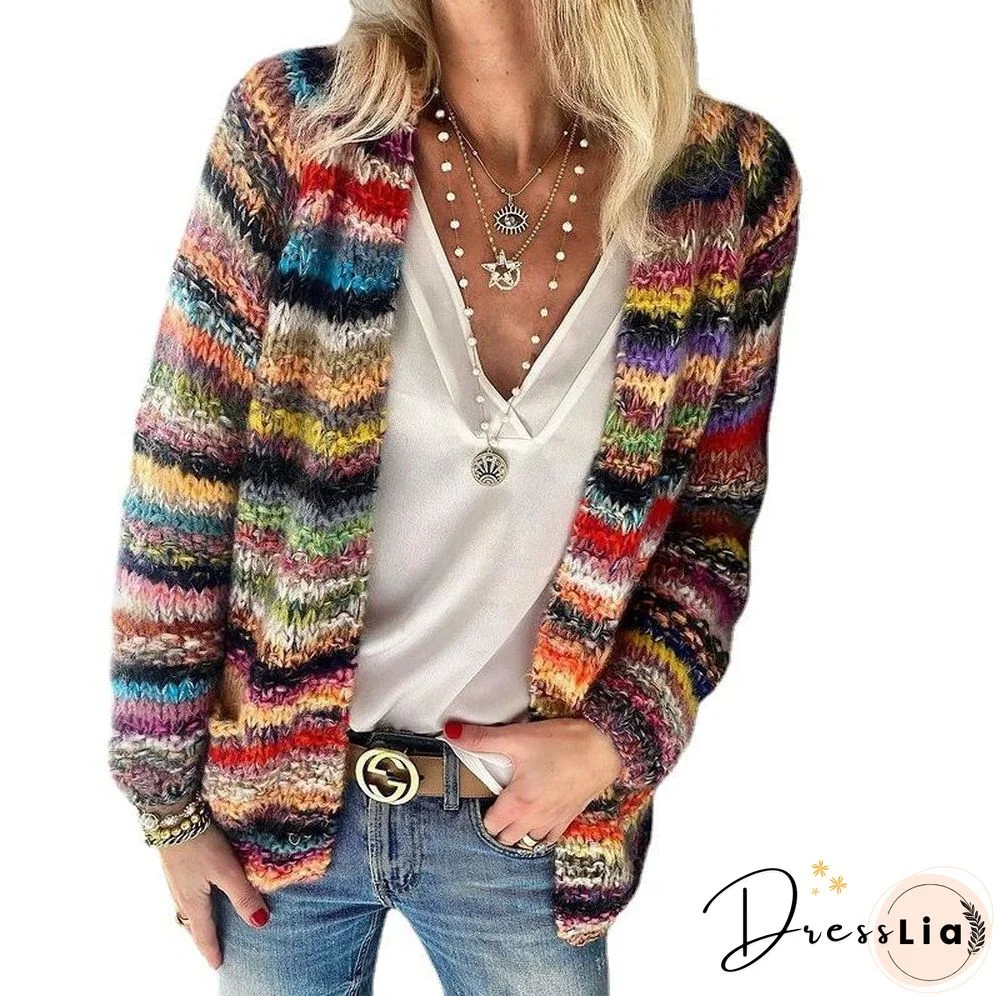 Slouchy Rainbow Stripe Cotton Knit Cardigan Sweater Tops