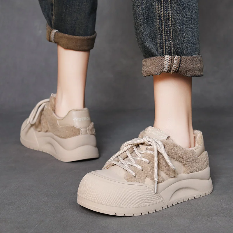 Yyvonne Cotton Shoes Women 2025 Winter New Thick Soles Increase Plus Velvet Warm Hair Shoes Big Head Casual Shoes