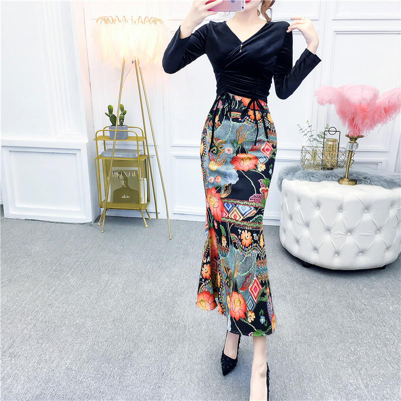 Fashion Business Elegant Slim Floral V Collar Long Sleeve Bodycon Evening Dress