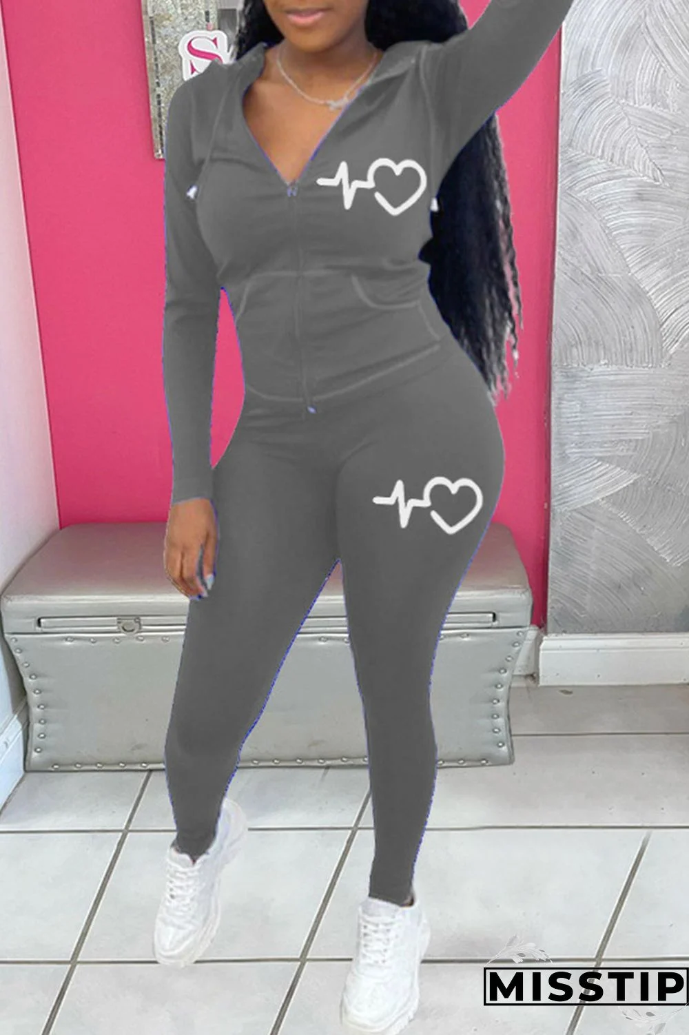 Pink Casual Print Patchwork Hooded Collar Long Sleeve Two Pieces