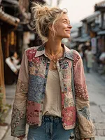 Women's Vintage Japanese Floral Wave Patchwork Linen Button-up Shirt