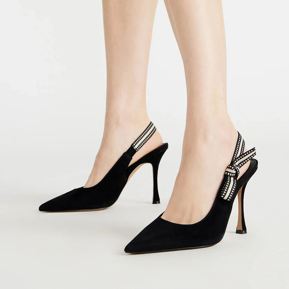 Pointed Toe Stiletto High Heel Slingback Black Pumps with Bow