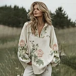 Women's Retro Pink Floral Pattern Linen V-neck Shirt - Image 2