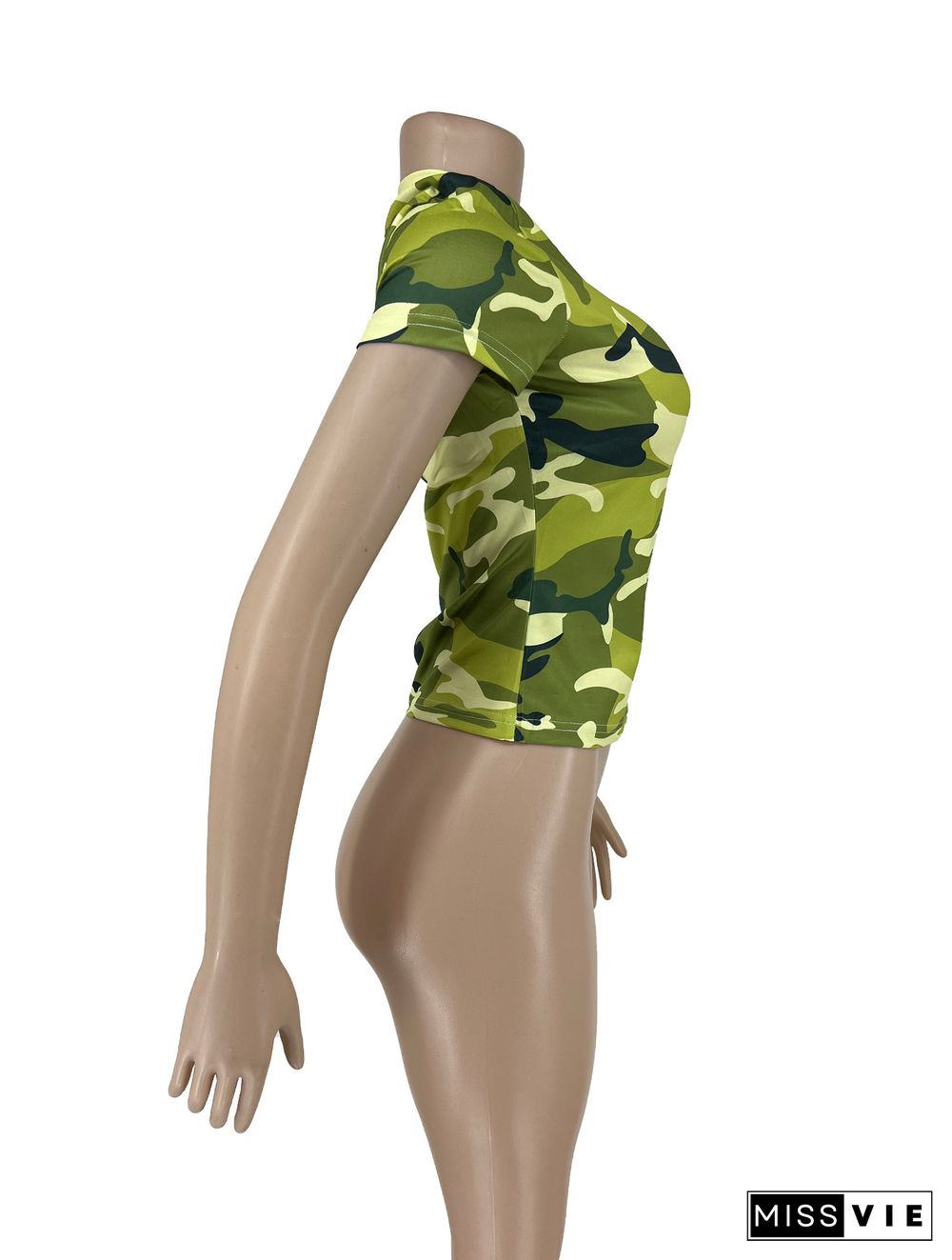 Camo Print Short Sleeve Round Neck T Shirt Tops