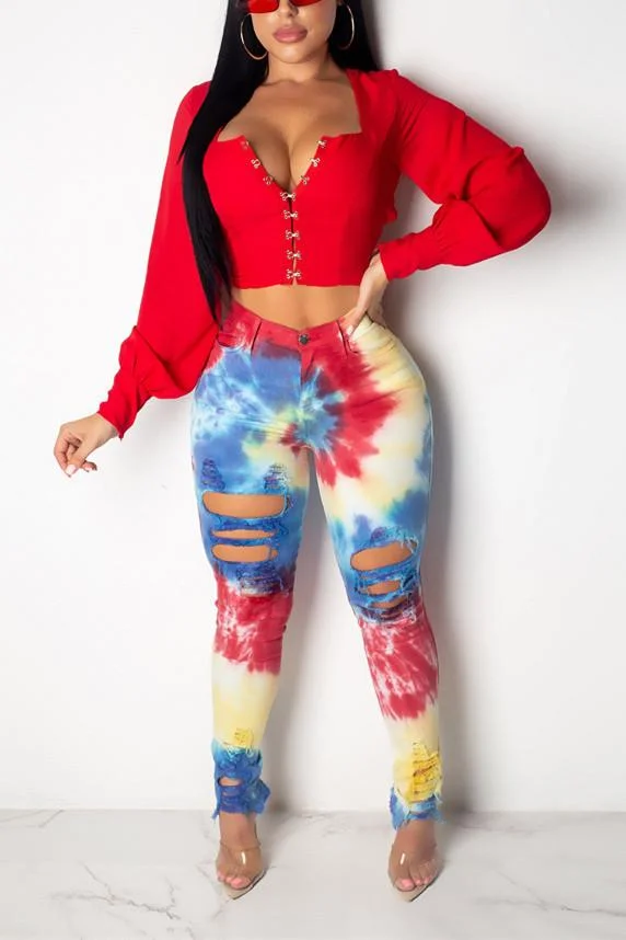 Fashion  Tie-Dyed  Print Slim-fit  Denim Trousers