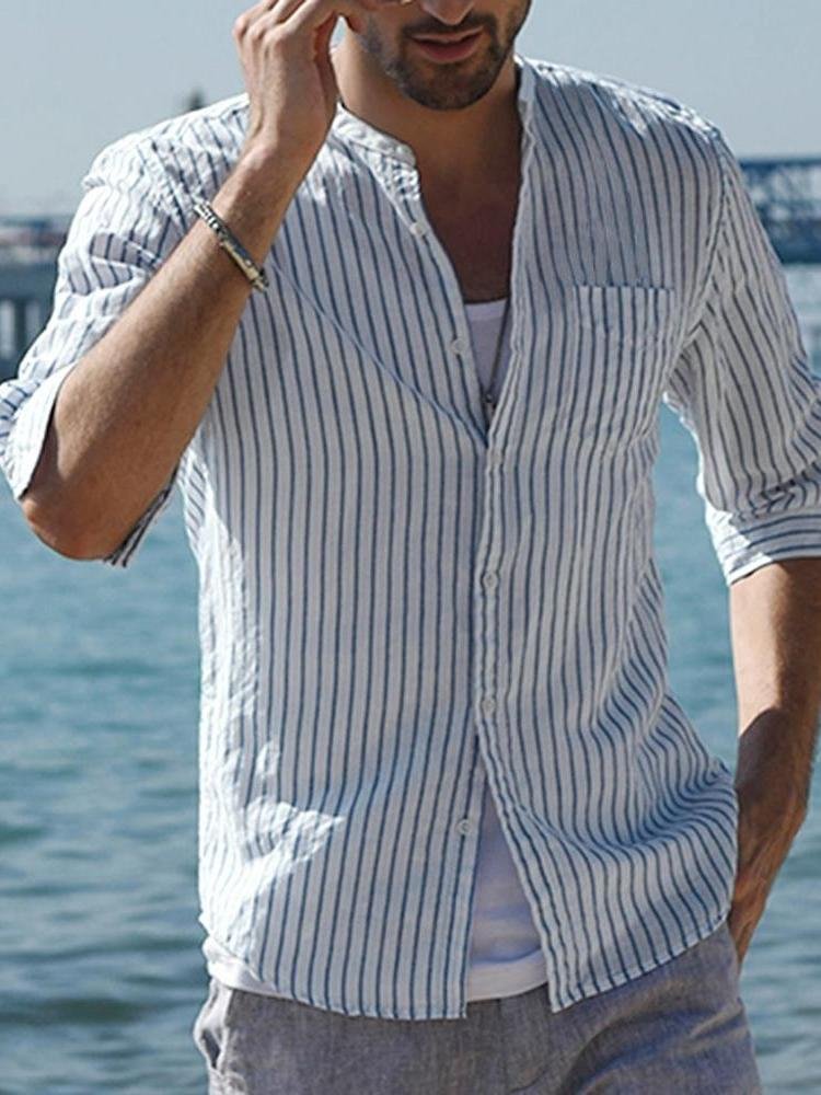 Men's Lapel collar Stripe Linen Shirt