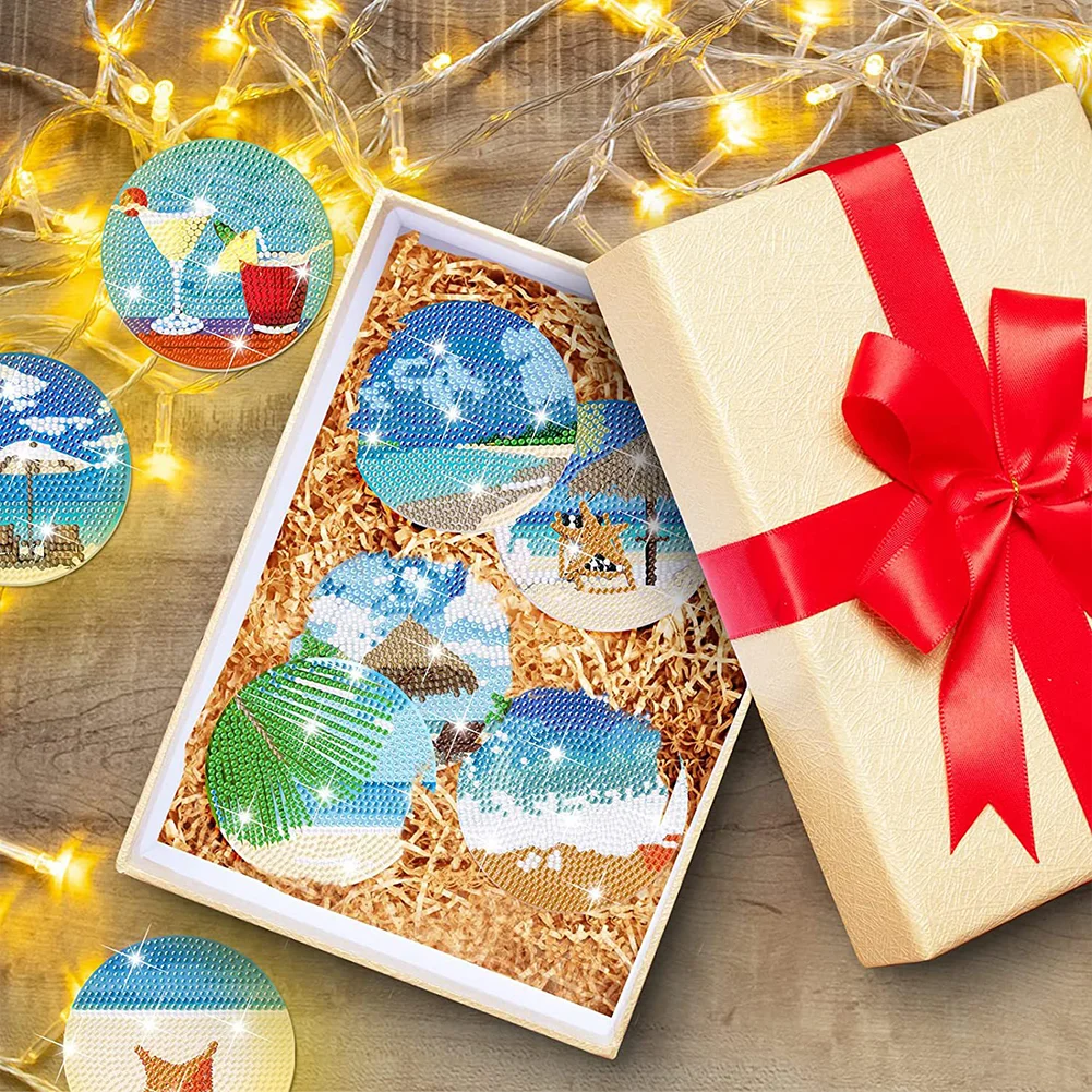8pcs DIY Beach Holiday Diamond Painting Art Coaster Kit Acrylic Round Diamond Painting DIY Coaster