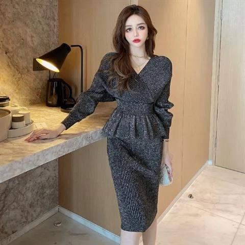 Toloer Temperament Outfits Fashion Korean 2 Piece Set for Women V-neck Ruffles Pullovers Tops Bodycon Skirts Suit Korean Chic Knit Sets