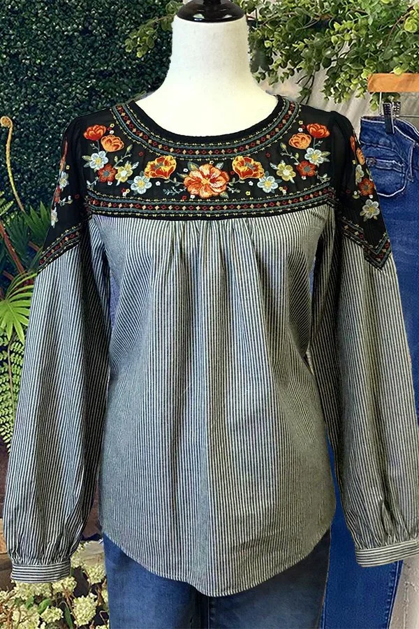 Black Floral Embroidery Striped Shirt