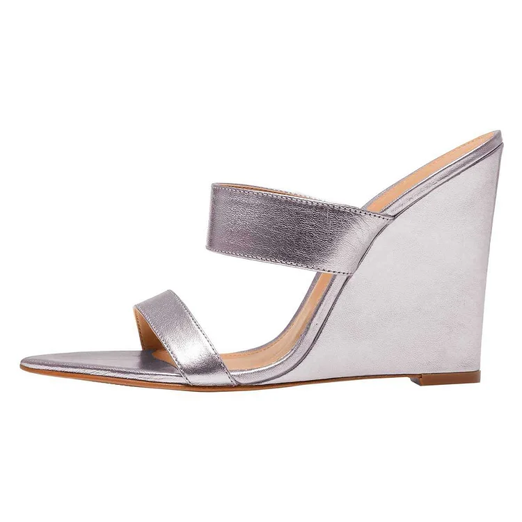 Silver Wedge Heels Mule Sandals |FSJ Shoes