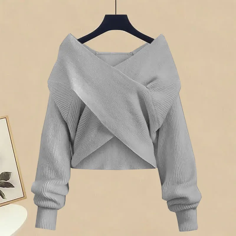 Chic Cross Knit Crop Sweater Casual Suit Pants