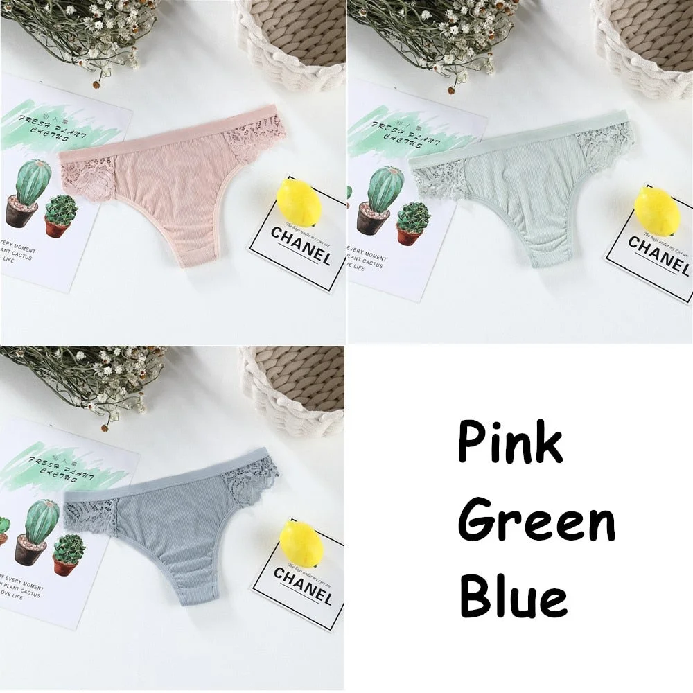 3pcs Sexy Women's Cotton G-String Thongs Panties Solid Lace Underwear Women Briefs Lingerie Underpants Ladies Low Rise Intimates