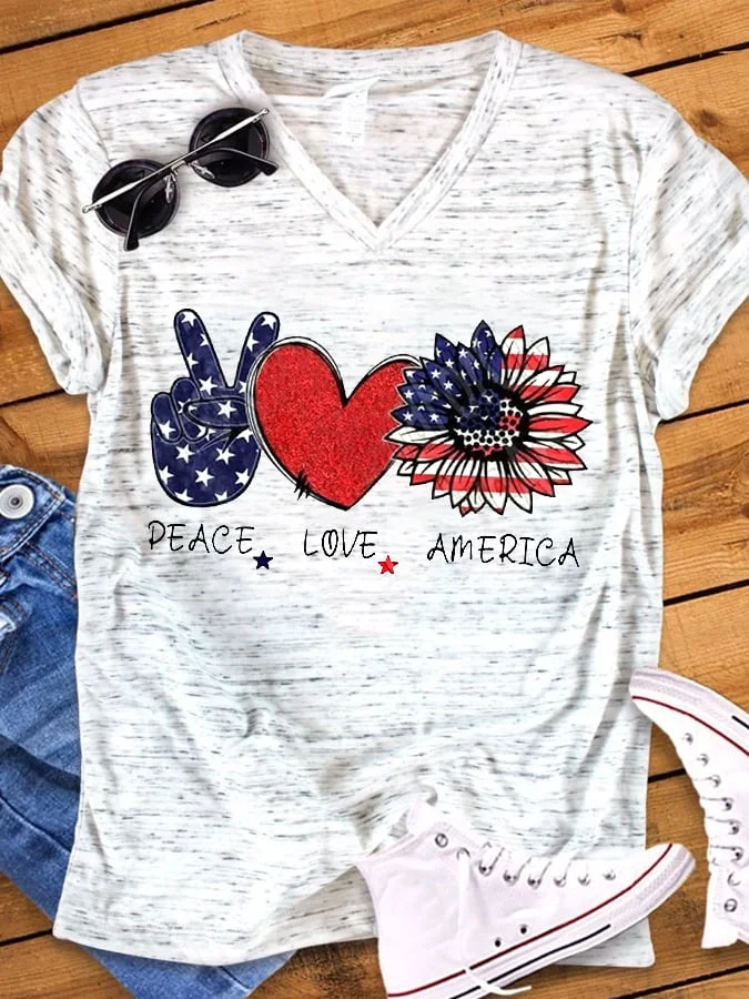 Women's Peace Love America 4th Of July Independence Day Casual V-Neck Tee socialshop
